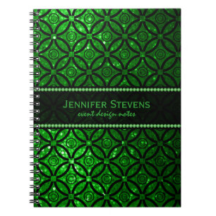 Modern Grönt Glitter och svart Geometric Mönster Anteckningsbok Med Spiral
