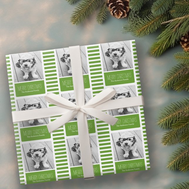 Modern Grönt God jul One Photo Presentpapper (Personalized Wrapping paper - 1 Photo)