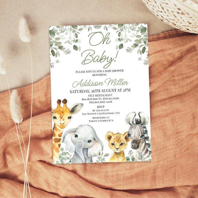 Modern Grönt Greenery Foliage Safari Baby Shower Inbjudningar (Greenery Safari Baby Shower Invitation, Foliage Safari Baby Shower Invitation, Jungle Themed)