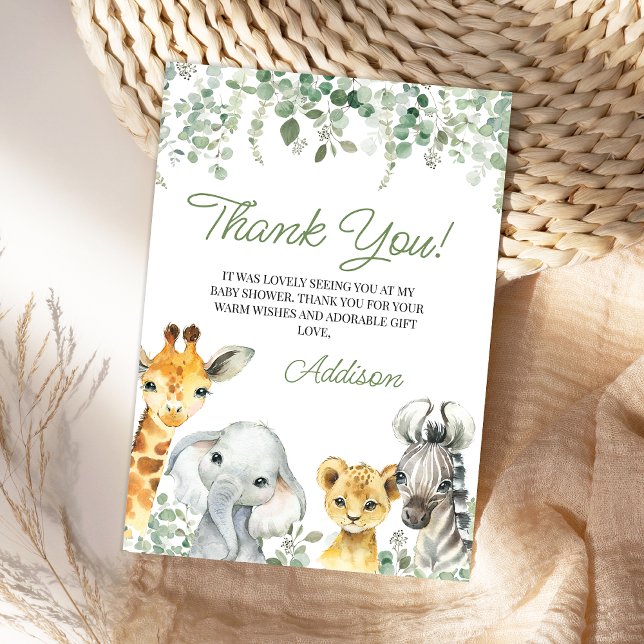Modern Grönt Greenery Foliage Safari Baby Shower Tack Kort (Greenery Safari Baby Shower Thank You Card, Foliage Safari Thank You card, Gender Neutral, Jungle)