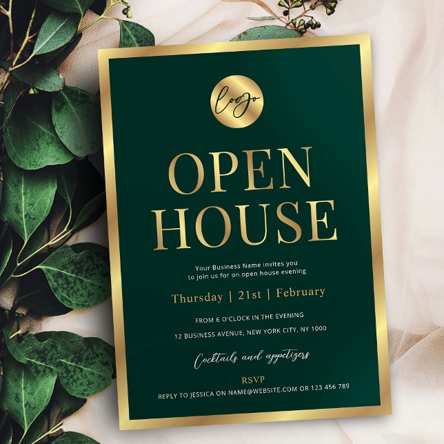 Modern Grönt & Guld Company Logotyp Office Open Ho Inbjudningar (Professional emerald green and faux gold business logo open house invitation design)