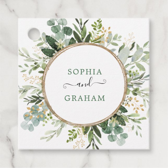 Modern Grönt Guld Eucalyptus Bröllopsfest Gåvor Etiketter (Framsida)
