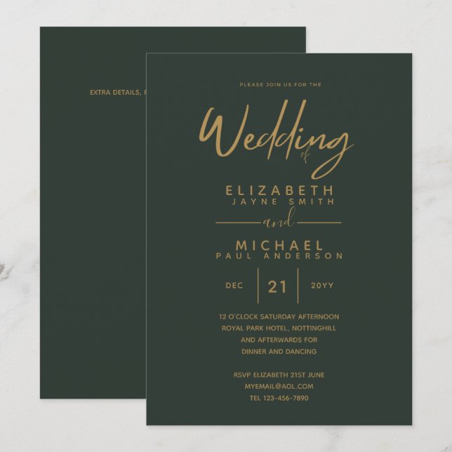 Modern Grönt Guld Premium-Bröllopsinbjudningar Inbjudningar (Fram/baksida)