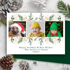 Modern Grönt Guld Red Berries Watercolor Greenery Julkort