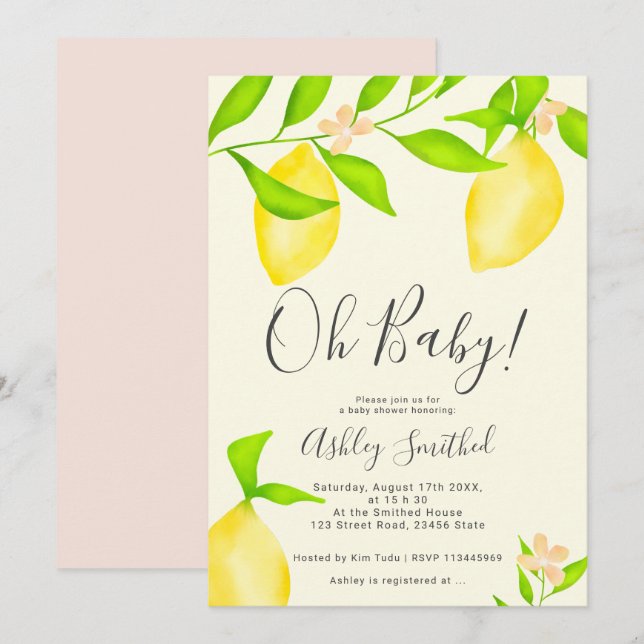 Modern grönt gult citronvattenfärgad babydusch 2 inbjudningar (Fram/baksida)