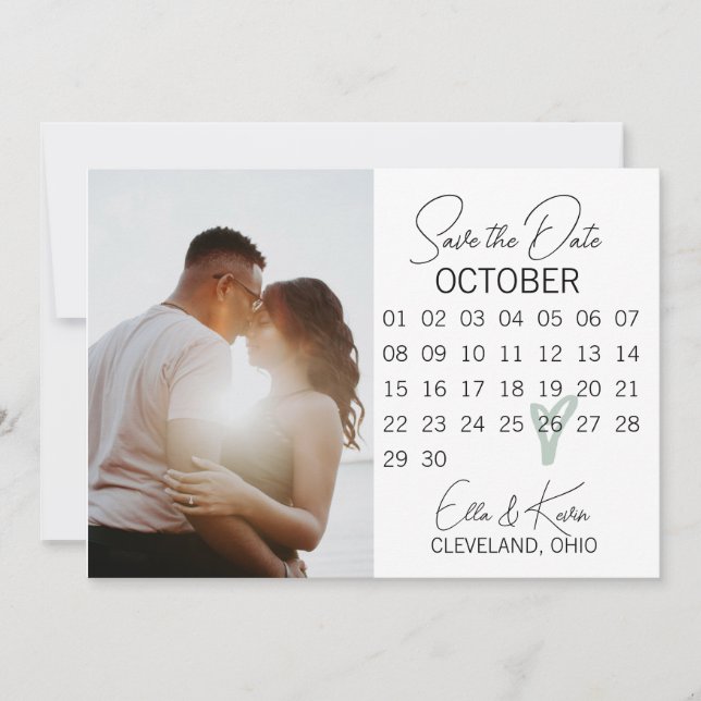 Modern Grönt Heart Photo Save Date Card Spara Datumet (Framsida)
