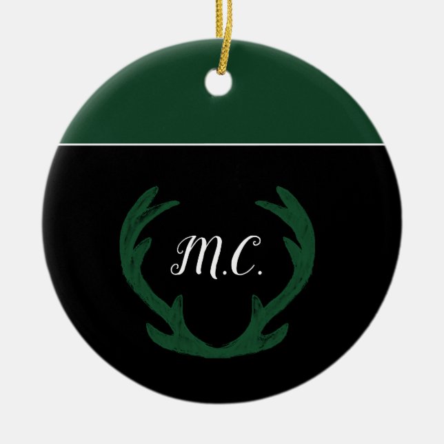 Modern Grönt Hjort Antlers Monogram Julgransprydnad Keramik (Framsidan)