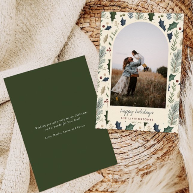 Modern Grönt Holly & Gräs Löv Arch Photo Julkort (Skapare uppladdad)
