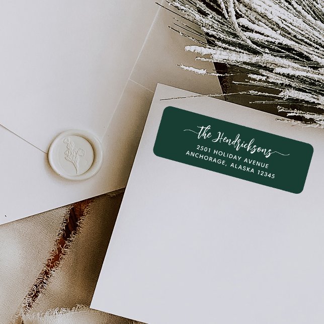 Modern Grönt i skogen | Familjejul Returadress Etikett (A whimsical and stylish return address label in festive forest green)