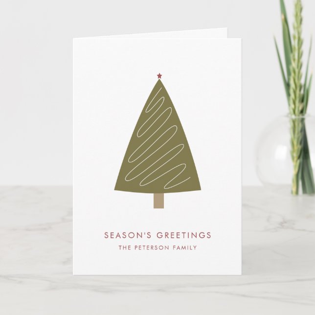 Modern Grönt Julgran & Red Star - enkel Helgkort (Framsida)