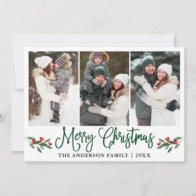 Modern Grönt Kalligrafi jul Holly 3 Photo Julkort (Framsida)