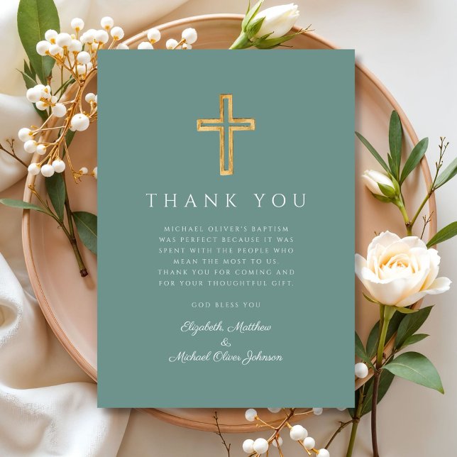 Modern Grönt Kor-baptism Tack Kort (Modern Green Cross Baptism Thank You Card)