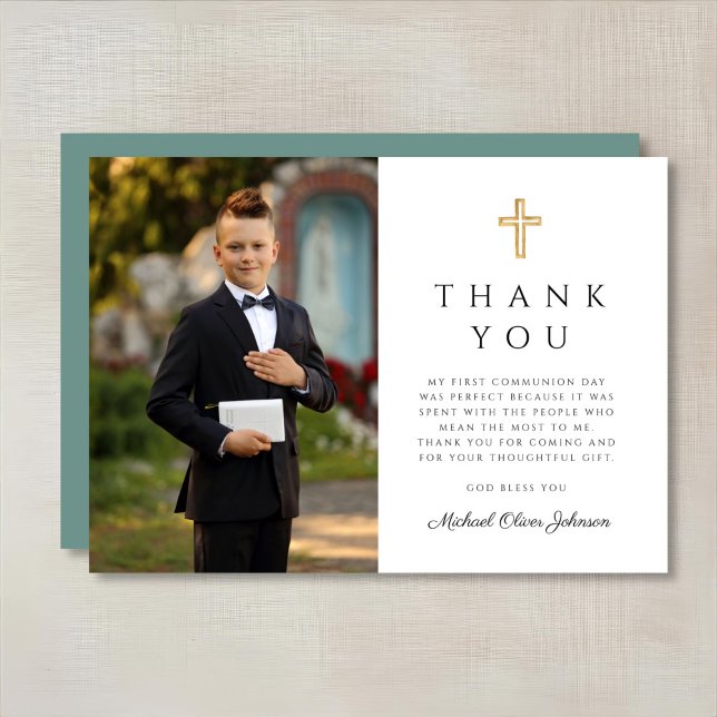 Modern Grönt Kor Boy First Communion Photo Tack Kort (Modern Green Cross Boy First Communion Photo Thank You Card)