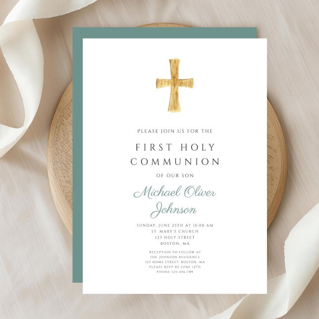 Modern Grönt Kor Boy First Heliga Communion Inbjudningar (Modern Green Cross Boy First Holy Communion Invitation )