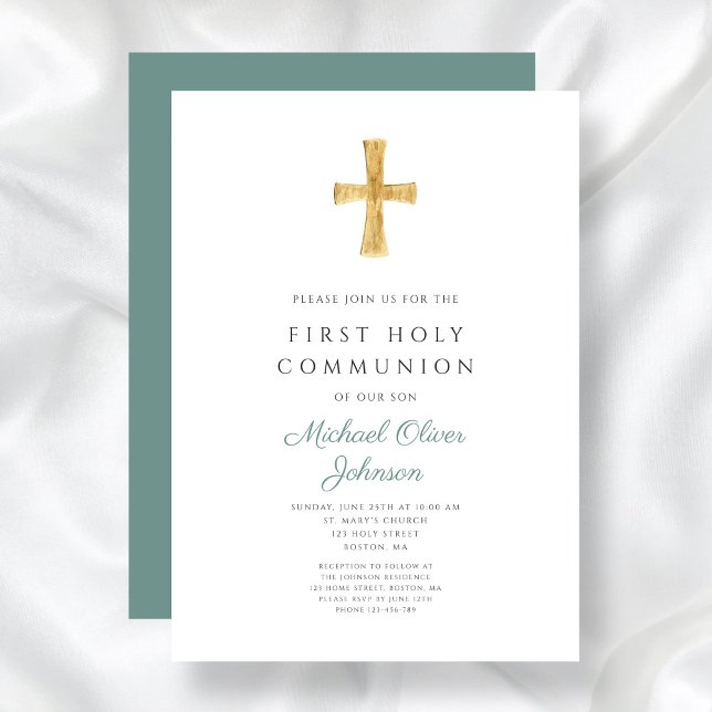 Modern Grönt Kor Boy First Heliga Communion Inbjudningar (Modern Green Cross Boy First Holy Communion Invitation)