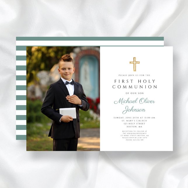 Modern Grönt Kor Photo Boy First Communion Inbjudningar (Modern Green Cross Photo Boy First Communion Invitation)