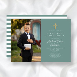 Modern Grönt Kor Photo Boy First Communion Inbjudningar