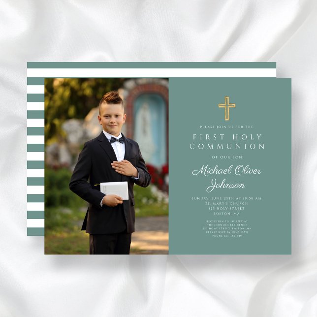 Modern Grönt Kor Photo Boy First Communion Inbjudningar (Modern Green Cross Photo Boy First Communion Invitation)