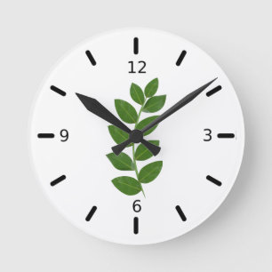 Modern Grönt Laurel Plant Löv on White Rund Klocka