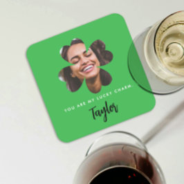 Modern Grönt Lucky i Kärlek Shamrock Klöver Photo Underlägg Papper Kvadrat