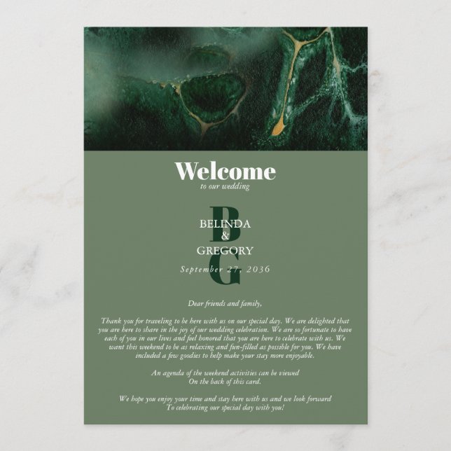 Modern Grönt Marble Monogram Bröllop Itinerary Program (Framsida)