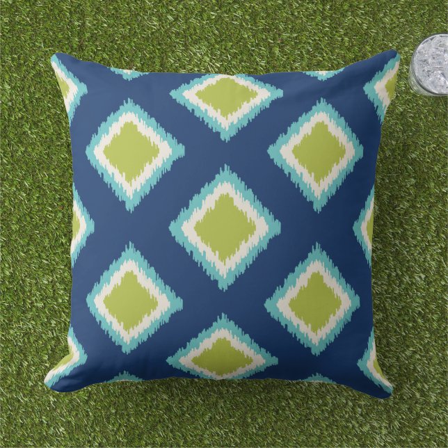 Modern Grönt, marinblå Diamond Ikat Mönster Kudde (Gräs)