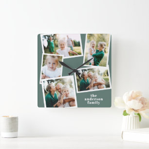 Modern grönt med flera fotofamiljers hemdekoder fyrkantig klocka