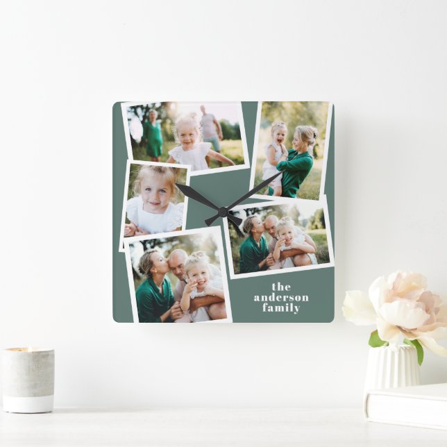 Modern grönt med flera fotofamiljers hemdekoder fyrkantig klocka (Hem)