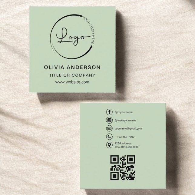 Modern Grönt med QR Code Social Media Fyrkantigt Visitkort (Skapare uppladdad)