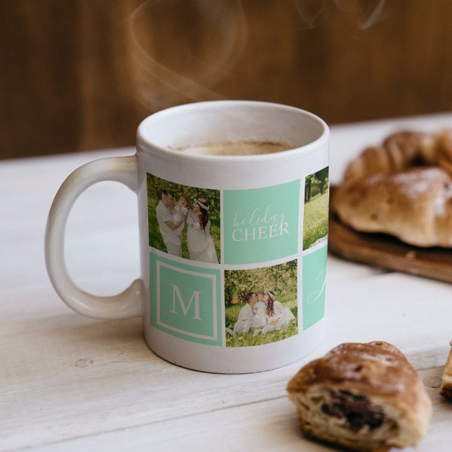 Modern Grönt Monogram Photo Collage jul Kaffemugg (Holiday Cheer photo collage with monogram with fun mint green.  Great holiday photo gift.)