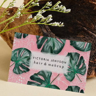 Modern grönt monstera löv på rosa vit blommigt visitkort