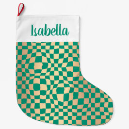 Modern Grönt och Guld Checker Mönster Stor Julstrumpa