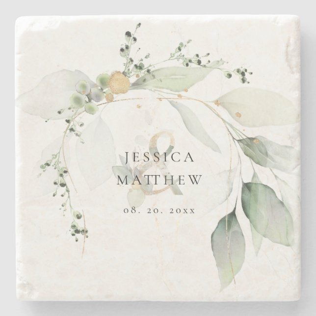 Modern Grönt och Guld eukalyptus Stenunderlägg (Framsidan)