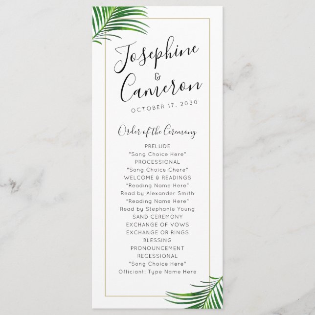 Modern Grönt och Guld Tropiska Handflatan Löv Grän Program (Framsida)