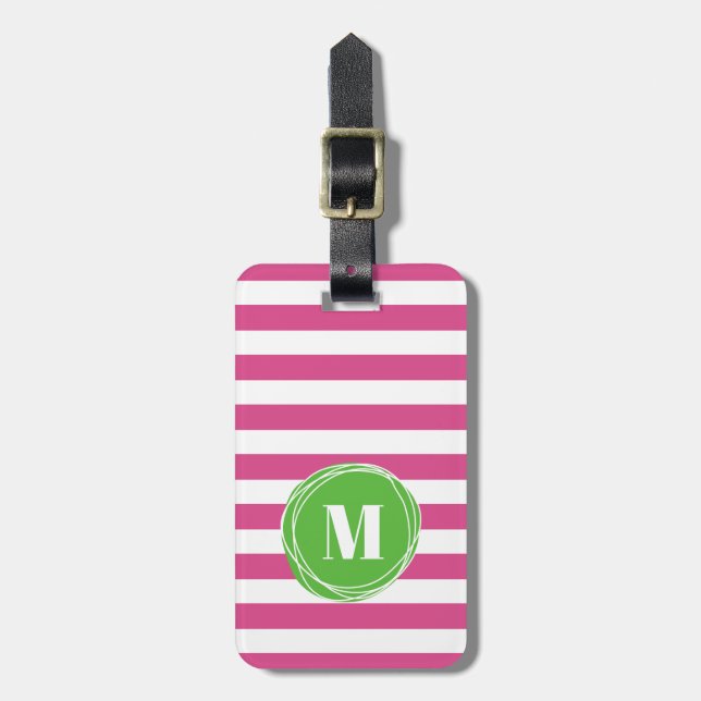 Modern Grönt och Rosa Rand Monogram Bagagebricka (Vertikal Framsida)