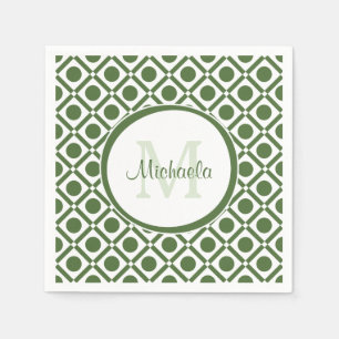 Modern Grönt och vit geometrisk monogrammad Namn Pappersservett