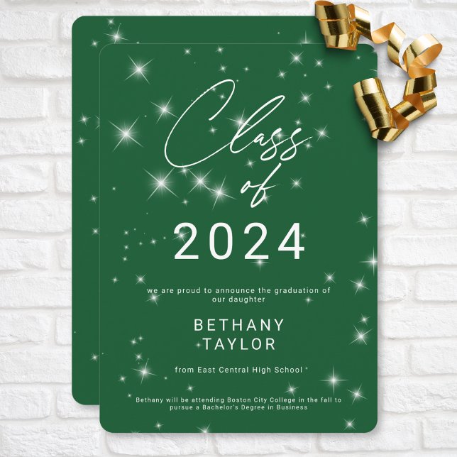 Modern Grönt och vit Gnistra Studenten Meddelande (Modern Green & White Sparkle Graduation Announcement)