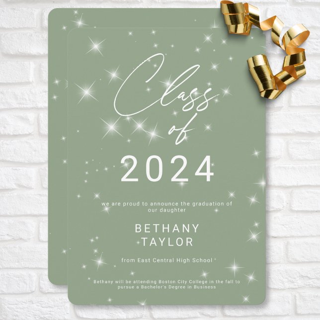 Modern Grönt och vit Gnistra Studenten Meddelande (Modern Sage Green & White Sparkle Graduation Announcement)