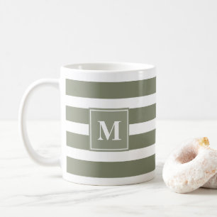 Modern Grönt och Vit Rand med Monogram Kaffemugg