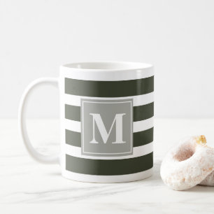 Modern Grönt och Vit Rand med Monogram Kaffemugg