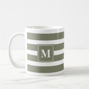 Modern Grönt och Vit Rand med Monogram Kaffemugg