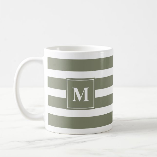 Modern Grönt och Vit Rand med Monogram Kaffemugg (Vänster)