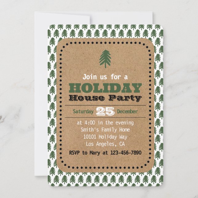 Modern Grönt- och Vita Julgran-inbjudningar (Framsida)