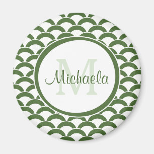 Modern Grönt och vita snäckor Monogram och Namn Magnet