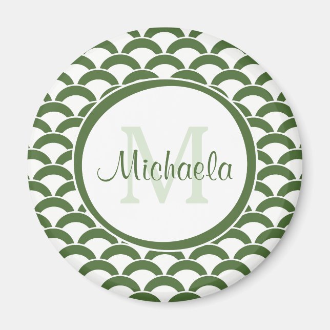 Modern Grönt och vita snäckor Monogram och Namn Magnet (Framsidan)