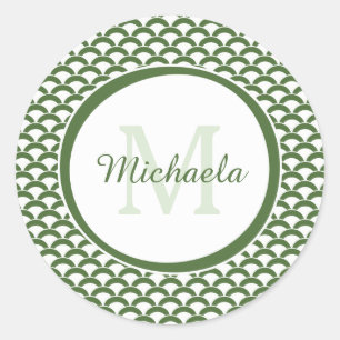Modern Grönt och vita snäckor Monogram och Namn Runt Klistermärke