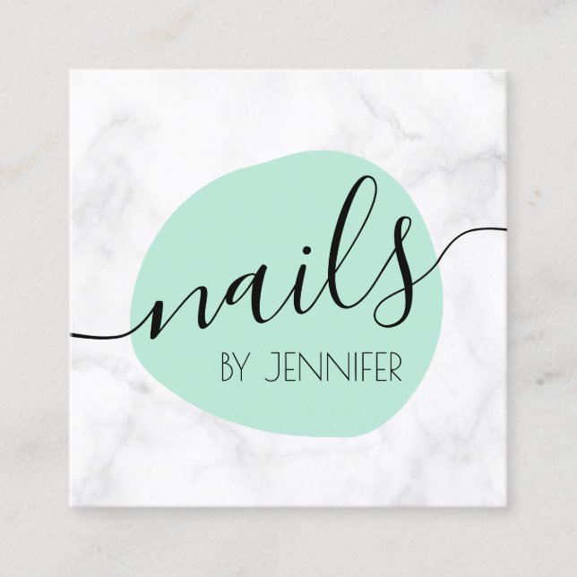 Modern grönt och vitt marmor nagel fyrkantigt visitkort (Framsida)