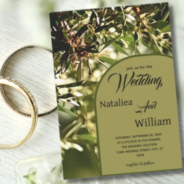 Modern Grönt Olive Träd, Bröllop Inbjudningar (Green Olive Tree Background Arch Wedding invitation )