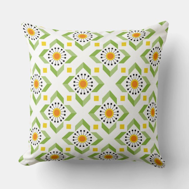 Modern Grönt Orange Dandelion och Diamond Mönster Kudde (Framsida)