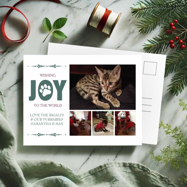 Modern Grönt Pet-vykort för jul Vykort (Pet photo Christmas postcards by VG Invites features 1 large photo and 3 small photos)